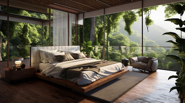 Interior design of modern bedroom with big panoramic view