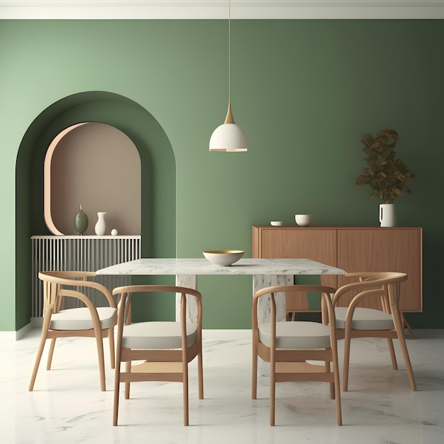 Interior design of modern dining room, marble table and wooden chairs. Wooden sideboard over green w