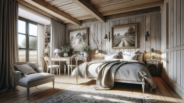 Interior design of a modern farmhouse bedroom in the French rural style