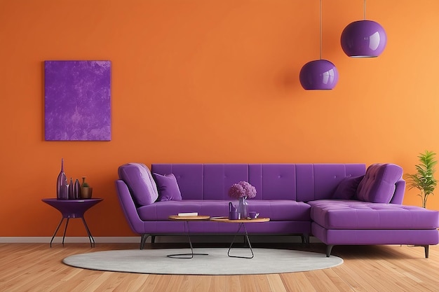 Interior design modern purple chair on orange wall