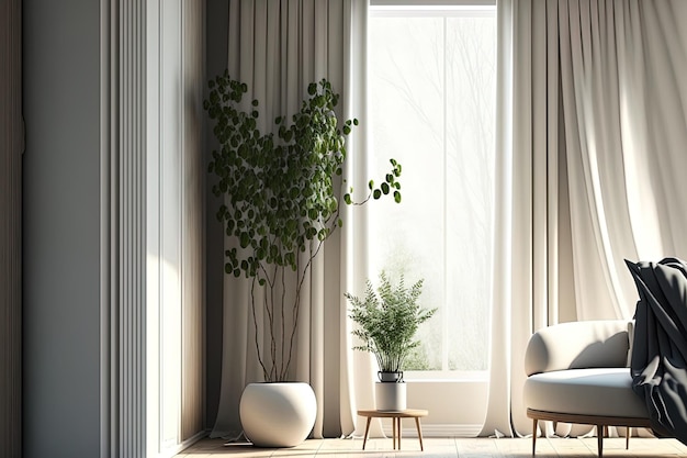 Interior design of a modern room with drapes and plants