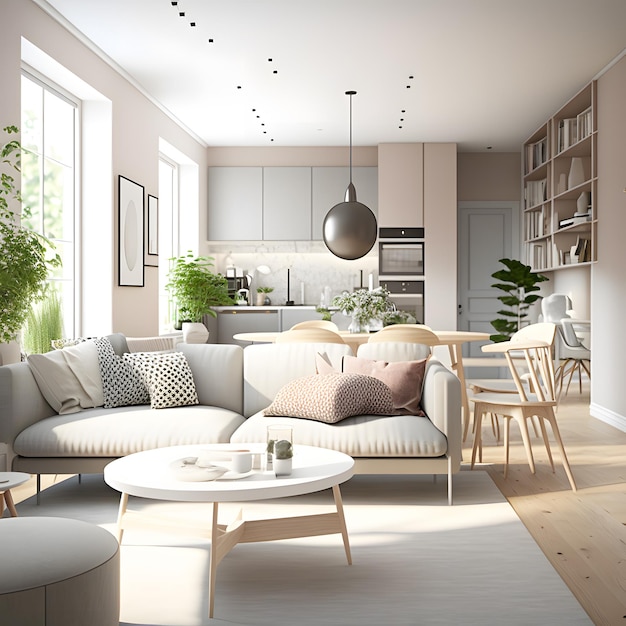 Interior design of modern scandinavian apartment, living room with beige sofa and dining room, panor