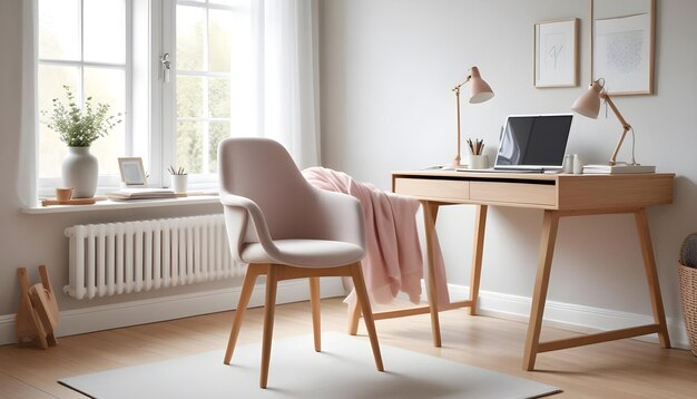 Photo interior design of a modern scandinavian home office with a cozy home workplace featuring a wooden drawer writing desk and fabric chair