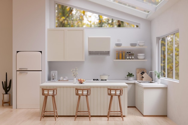 Interior design of a modern white kitchen with white kitchen counter and glass ceiling