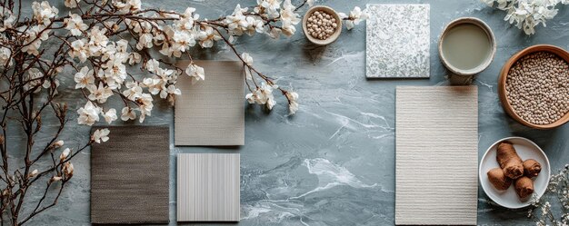 Photo interior design moodboard with grey and sage green color palette and material samples