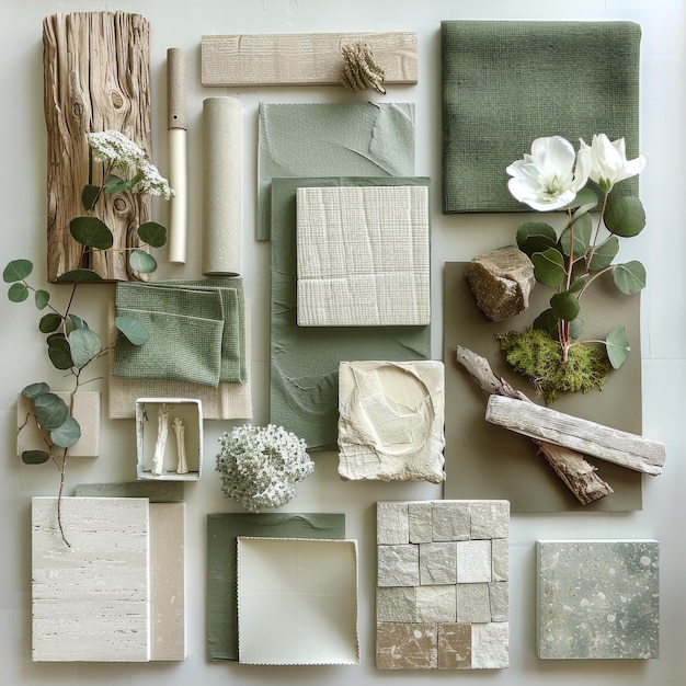 Interior design moodboard with natural materials and textures featuring wood fabric and stone elements