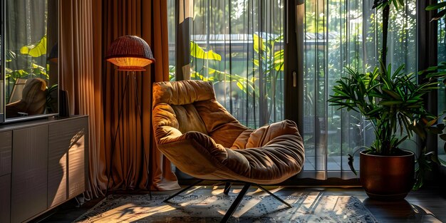 Interior Design Room with Brown Armchair and Window View Illustration