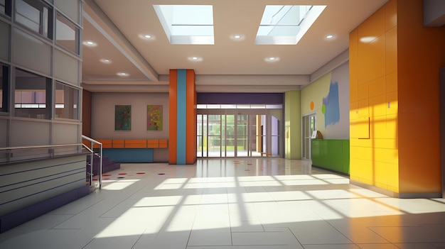 Interior design of school classroom corridor and cafeteria generative ai