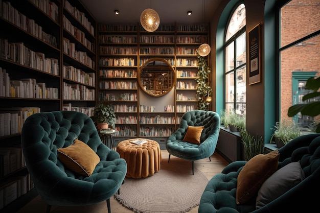 Interior design shop with wall of books and plush armchairs for customers to relax in