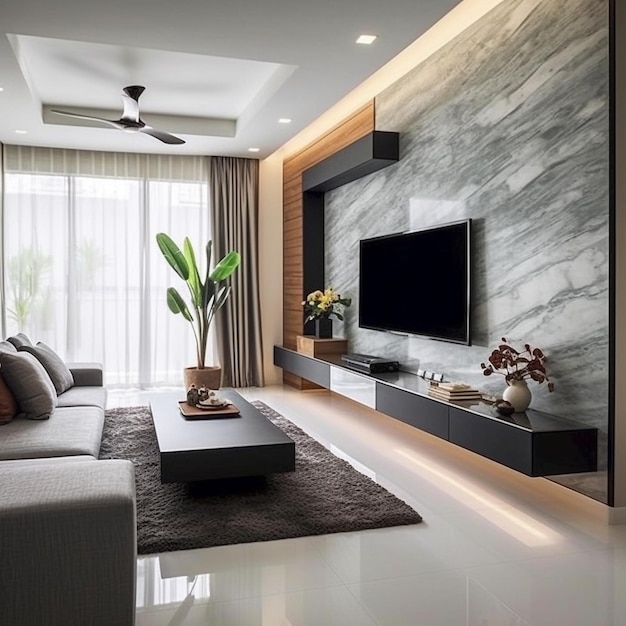 Interior design of simple living room with tropical plants sofa and wall mounted slim TV whit gray paint wall gray wall Generative AI