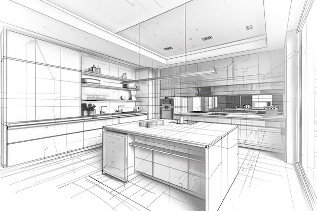 Photo interior design sketch modern kitchen front view 3d outline sketch