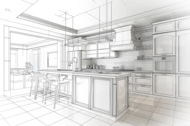 Photo interior design sketch modern kitchen front view 3d outline sketch