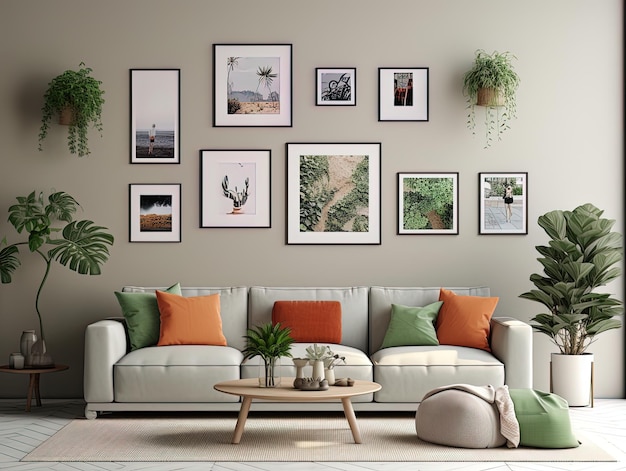 Interior design of stylish living room with modern neutral sofa Frames with leaves Generative AI