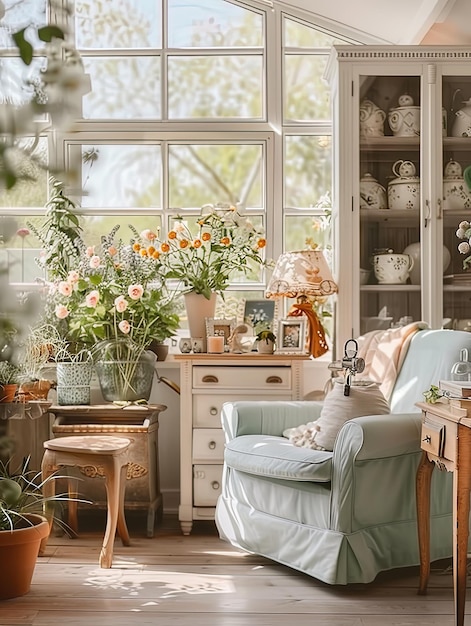 interior design in the sunroom pastel blue and white colors with wood elements