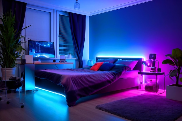 Photo interior design for a teenagers room with modern rgb neon lighting