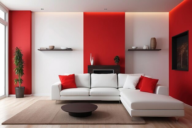 Interior design of white couch on red wall