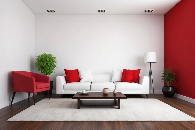 Interior design of white couch on red wall