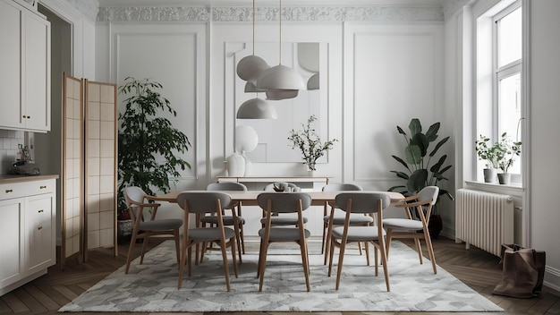 Interior design of white dining room with stylish modular wooden chairs wooden tables plants neu