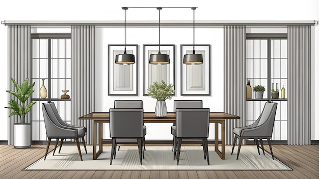 Photo interior design with modern dining room in black line sketch on white background vector illustration