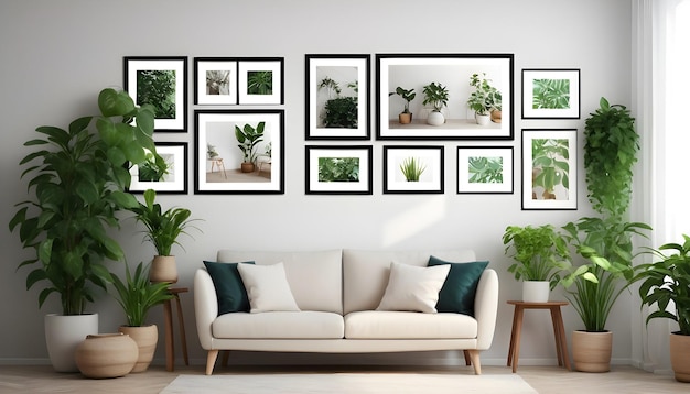 Interior design with photo frames and plants