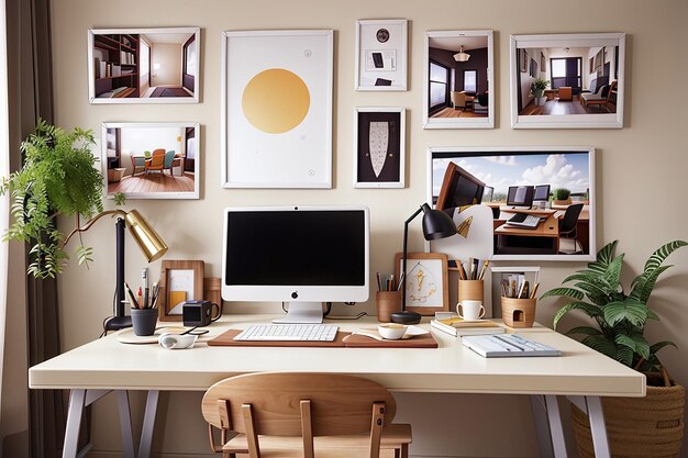 Interior design with photoframes and desk arrangement