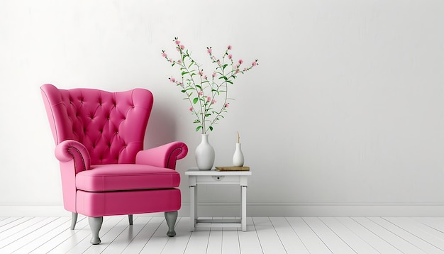 Photo interior design with pink armchair and plant 3d render