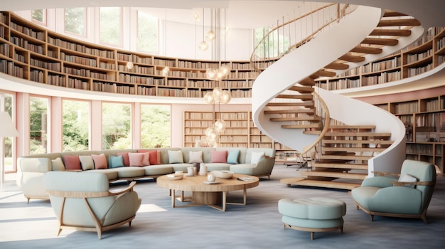 Interior design with rounded library and modern spiral staircase