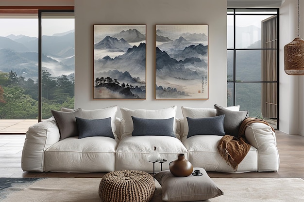 Interior design with white couch and two paintings