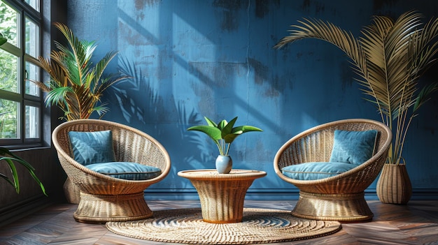 Interior Design with Wicker Chairs and Palm Plants