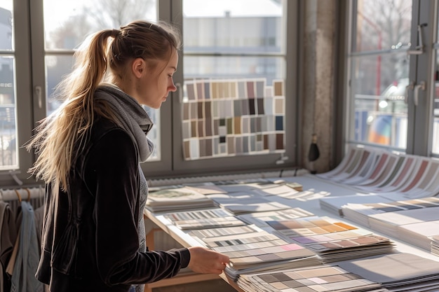 Photo interior designer contemplating fabric swatches creative selection process