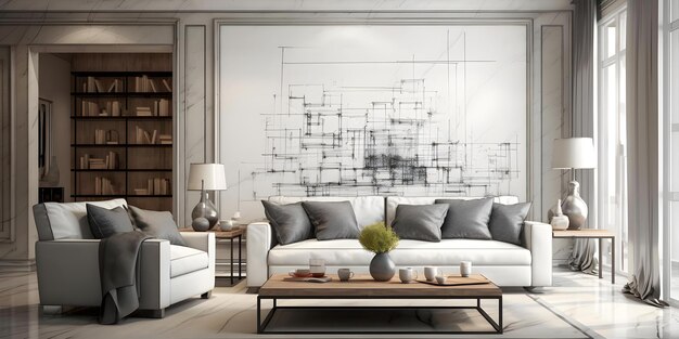 Photo interior designer sketches sofa design on plaster wall in living room concept interior design sofa design plaster wall living room sketches