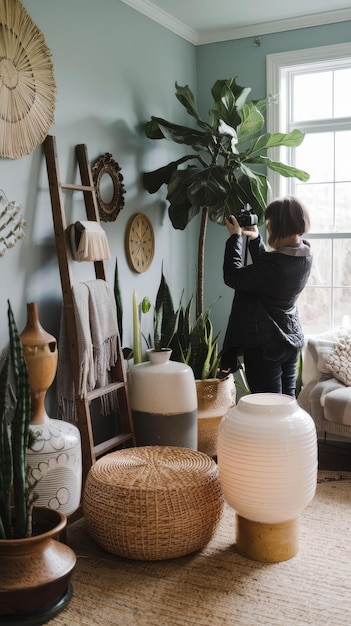 Photo interior designer taking photo of decorations in home