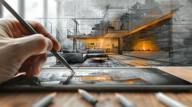 Photo an interior designers hand is drawing a sketch on a tablet to visualize the design for customers