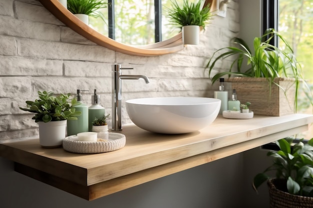 Interior designWhite modern bathroom Bright room Modern interior Green plants on wooden counter and bathroom sink created generative ai