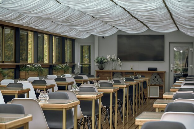 Interior details of restaurant on the ship. Concept of interior design of a restaurant on a ship