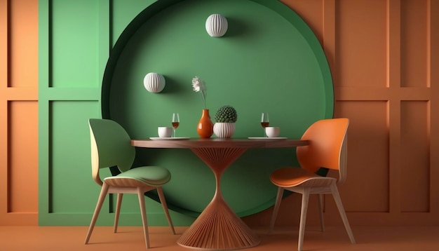 Interior dining design with wooden round table and chairs Generative Ai