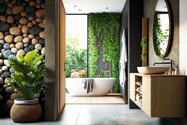 Interior of eco friendly bathroom with grey flooring and natural elements