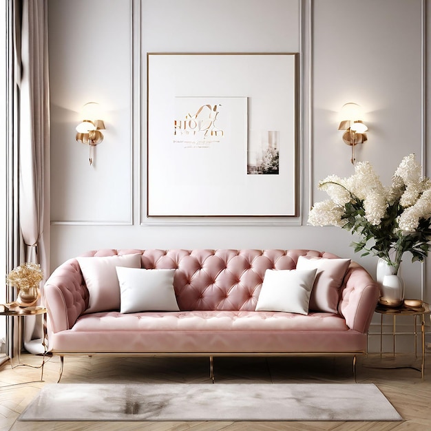 Interior of elegant living room with sofa flower in vase and frames mockup