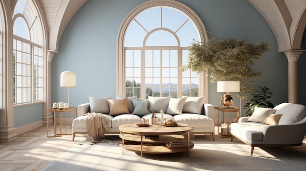 Interior of elegant modern living room in luxury villa Stylish cushioned furniture wooden coffee table houseplants arch windows overlooking beautiful landscape Hollywood glamor in home design