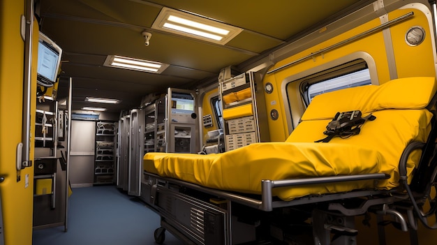 Photo interior of a emergency vehicle modern accident ambulance mock up with nobody