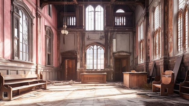 The interior of an empty building with a wooden desk and a window that says'the word " on it.