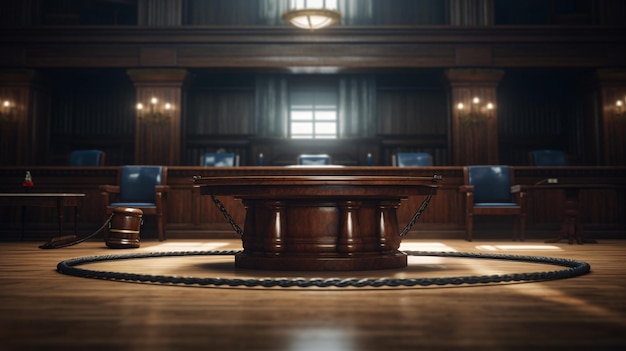 Photo interior in the empty courtroom with handcuff law