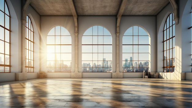 Interior of empty modern luxury open space area for office or apartment Hardwood floor white walls concrete ceiling large arch windows with city view Template 3D rendering