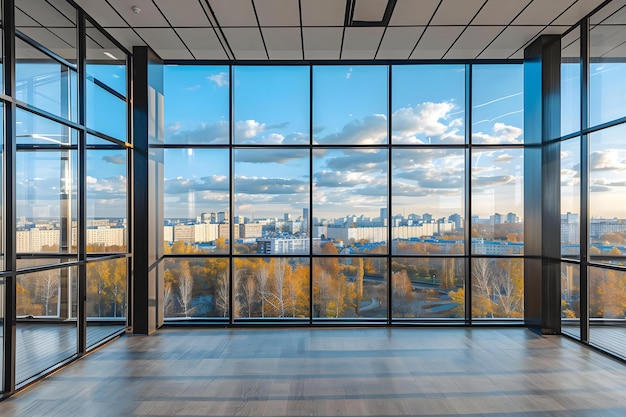 Photo interior of empty office with glass partitions in loft style and view of city and park