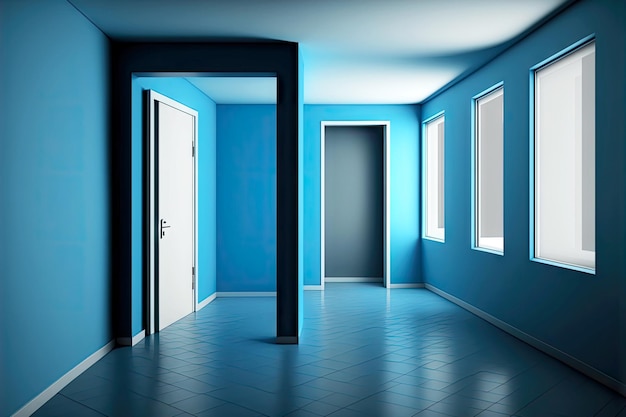 Interior of empty room in office is made in blue tones with white details