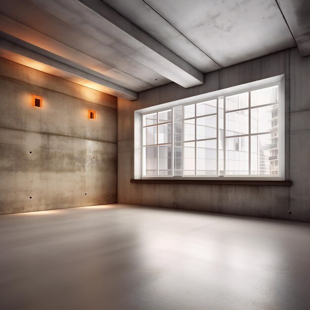 Interior of empty room with concrete walls and windows rendering