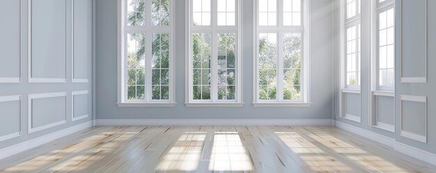 The interior of an empty vintage living room with big windows and wooden floors is shown in this 3d render illustration