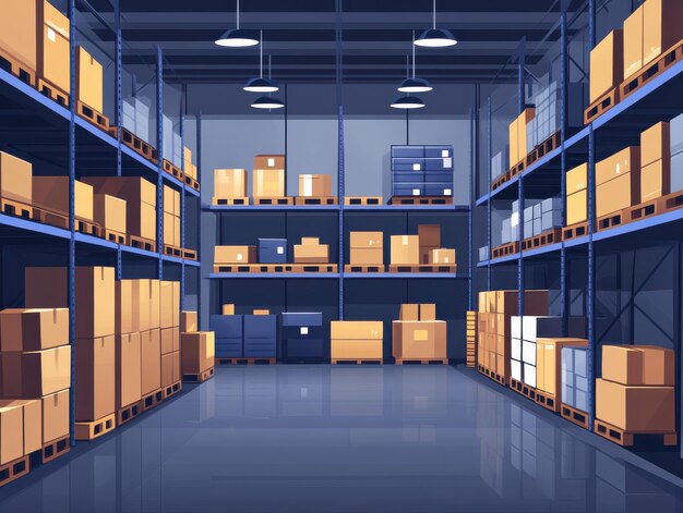 Interior of an empty warehouse with stacked boxes