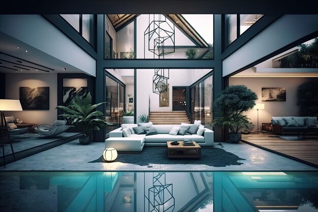 Interior and exterior design of a luxurious villa featuring a large swimming pool