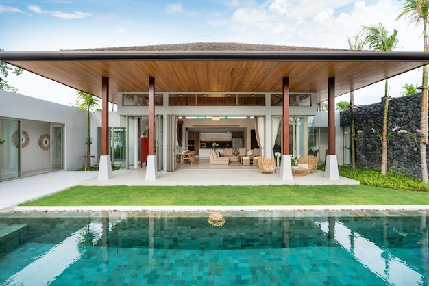 Interior and exterior of pool villa with swimming pool 